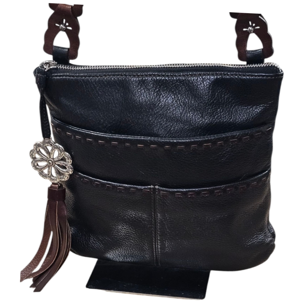 BRIGHTON KODA Black & Brown  Leather Crossbody Bag with Metallic Charm
